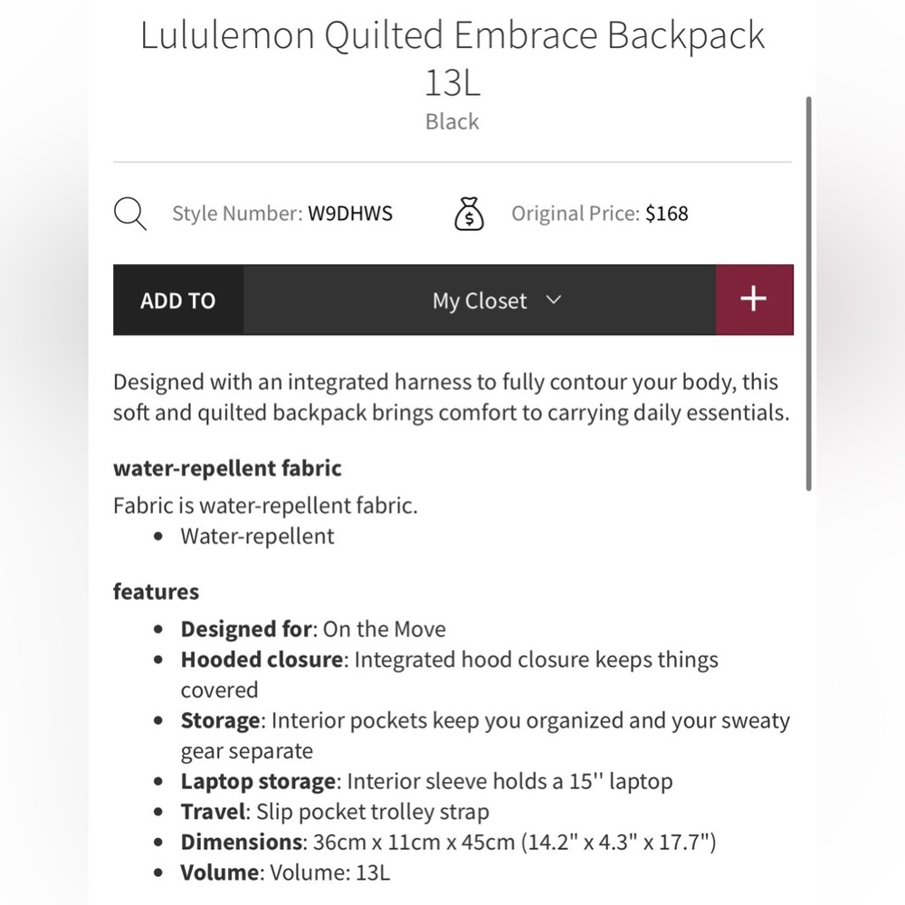 Lululemon Quilted Embrace backpack 13L - Picture 2 of 15